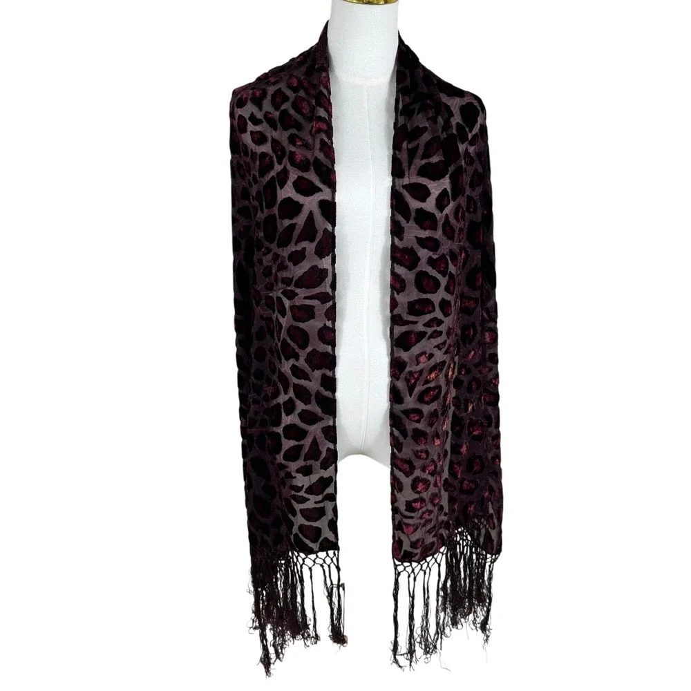 Scarf Women OS Burgundy Devore Burnout Velvet Leopard Print Fringe Wrap Mob Wife